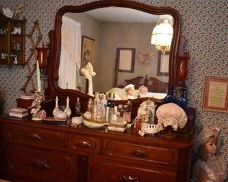 A closer look at the Beautiful Lillian Russell, Davis and Company Bedroom Suite's Mirrored Dresser and all that sits atop the Dresser