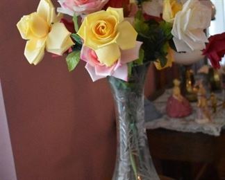 Beautifully Cut and Frosted Antique Flower Vase filled with Lovely "never water" Flowers!