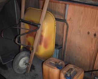 Wheel Barrow and Gas Cans