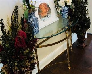 Demilune brass and glass foyer table