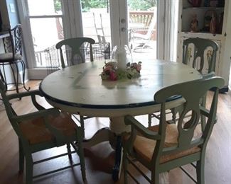 Painted oak table with leaf 
4 dining chairs with rush seats