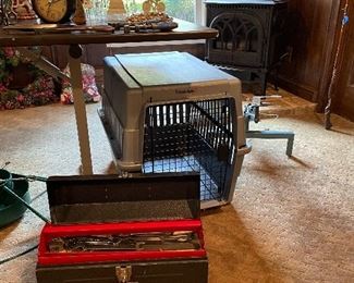 Tool box, tools and doggy crate