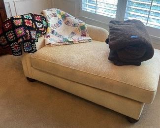 Lounge chair; handmade quilt and afghan; blankets