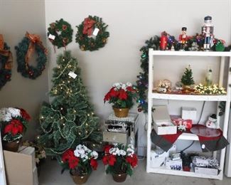 Christmas!  pre-lite 4' tree. Assorted wreaths, garland, silk poinsettia, lights.