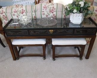 Drexel Heritage couch table with 2 seats.  Oriental motif.