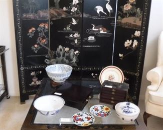 Privacy Screen, coffee table, tea caddy, mahjong set, assorted china bowls and plates.