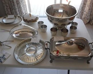 Shirley pewter punch bowl with ladle and 12 cups. Assorted silver plate and porcelain.