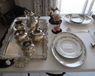 Butler tray, silver plate tea service, assorted porcelain.
