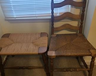 https://ctbids.com/#!/description/share/953582 Ladderback rushed seat chair and matching stool. Chair is a little darker than the footstool. Chair measures 16" x 18" x 39". Stool measures 22" x 14" x 18".