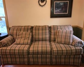 This lot contains a Clayton Marcus plaid sofa measuring 43” x 83” x 36”. Cushion height 7”. Some faint staining left back cushion otherwise in good condition. https://ctbids.com/#!/description/share/953511