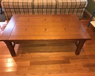 Mission style wooden coffee table is in good condition with a bottom shelf measuring 30” x 50” x 16”. https://ctbids.com/#!/description/share/953513