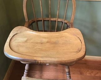 This lot contains a older wooden baby highchair with removal tray. Good condition and measuring 20” x 23” x 38”. https://ctbids.com/#!/description/share/953527