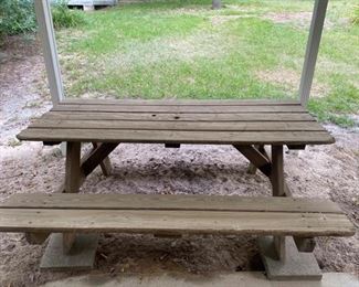 Wooden Picnic Table with 2 benches measures 6ft by 59 inches. Very sturdy with an umbrella hole in the center. https://ctbids.com/#!/description/share/953444