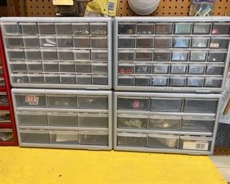 Includes 4 small silver/gray storage containers. 2 have 30 small drawers and 2 have 9 large drawers. Each measures 15 in by 6.5 in by 9.5 in tall. https://ctbids.com/#!/description/share/953469