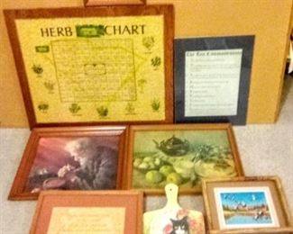 Vintage framed prints, an inlaid wood eagle picture, herb chart and more. Largest is 25" x 21" and smallest is 9" x 11. https://ctbids.com/#!/description/share/953411