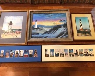Collection of lighthouse paintings and prints. The 2 larger prints have California and Lighthouse letter matting over pictures. https://ctbids.com/#!/description/share/953518