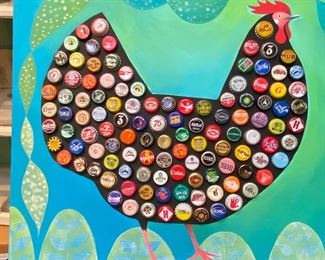 Fun folk art paintings like this bottle cap chicken with lots of vintage caps. 24x24