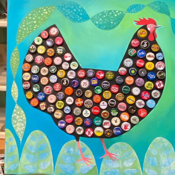 Fun folk art paintings like this bottle cap chicken with lots of vintage caps. 24x24