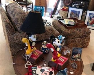Disney Mickey Mouse telephones and lamps; Mickey Mouse magazines; Looney Tunes fiestaware; Disney collectible metal dumbo; Disney water globe; Mickey Mouse lunchbox; MCM modern decor 