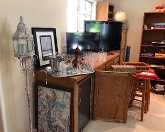 TVs, Metal decor, glassware, art, stools, vintage games
