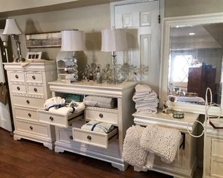 Beautiful tall chest, double dresser, nightstand, and mirror set; crystal and silver lamps; classic decor; vintage metal standing towel rack