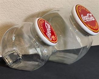 2pc Coca Cola Glass Cookie Jars Candy Canisters Lg: 8.5x6.25x9.5in HxWxD