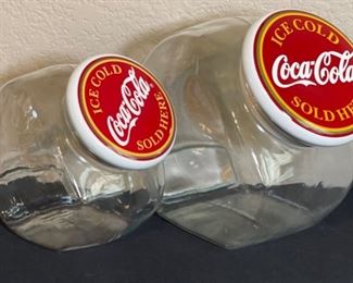2pc Coca Cola Glass Cookie Jars Candy Canisters Lg: 8.5x6.25x9.5in HxWxD