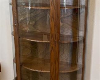Vintage Oak Curved Glass Display Cabinet Case 58x34x18.5in HxWxD