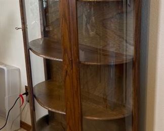Vintage Oak Curved Glass Display Cabinet Case 58x34x18.5in HxWxD