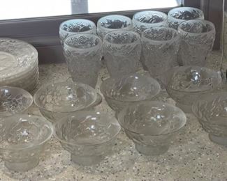 24pc Consolidated Art Glass Martele line Five fruits pattern in French French Crystal Depression Glass