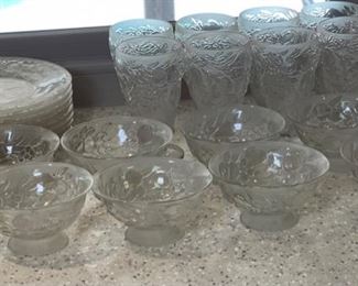 24pc Consolidated Art Glass Martele line Five fruits pattern in French French Crystal Depression Glass