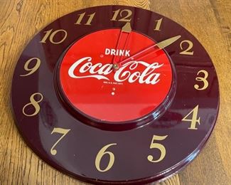 1950s Coca Cola Clock Maroon Coke 18in dia x 2in d