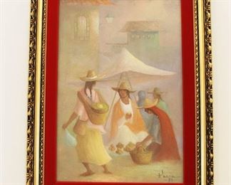 Signed "Panna 78" Mexican Market Scene