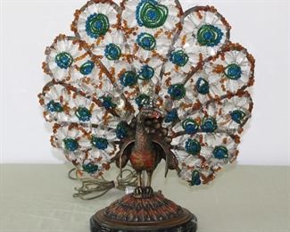 Rare 1920's Czech Beaded Peacock Lamp Cold Painted 