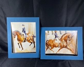 Pair of Horse and Rider Watercolor Paintings