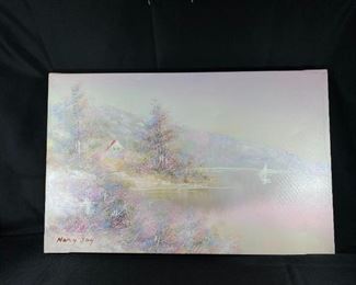 Large Pastel Cabin by Lake Painting