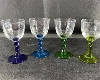 Set of 4 Green Blue Stem Cordial Glasses