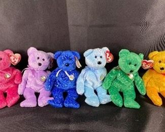Set of 6 Colorful 10 Year Anniversary Decade Ty Beanie Baby Plush Stuffed Animal Bears