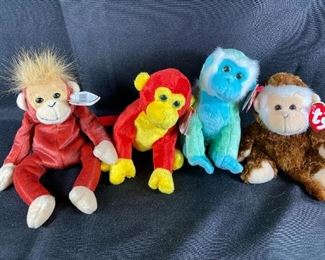 Lot of 4 Monkey Ape Beanie Baby Plush Stuffed Animals