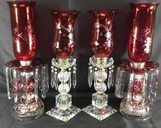 Set of 4 Cranberry to Clear Ornate Crystal Lamps Candle Holders