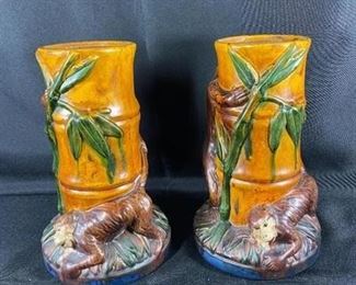 Pair of Ceramic Faux Bamboo with Monkeys Candle Holders