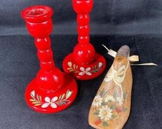 Rustic Folk Art Candlestick Holders and Painted Wood Shoe Form