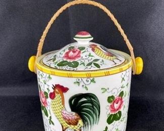 Vintage Ucagco Rooster Majolica Early Provincial Biscuit Cookie Jar Canister with Handle
