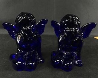 2 Cobalt Blue Glass Cherub Angel Candle Holders