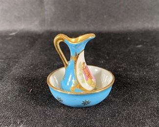 Limoges France Blue Gold Victorian Couple Miniature Wash Basin Pitcher