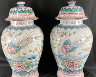 Pair of Large Pastel Ornate Hand Painted Ginger Pots Portugal