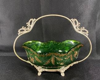 Fluted Pressed Green Glass Serving Bowl with Caddy