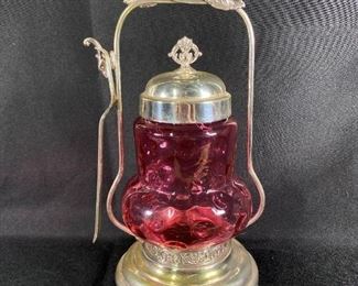 Antique Cranberry Thumbprint Glass Olive Pickle Jar with Caddy