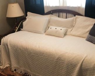 Daybed wood and brass with nice twin mattress and coverings $100