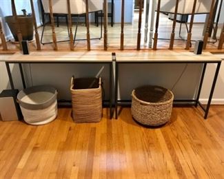 Pair of Sauder tables with assorted baskets